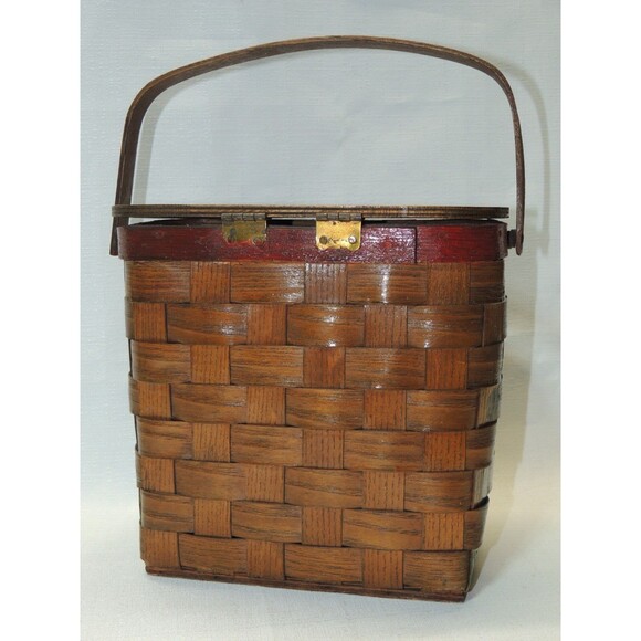 VTG 60s‎ Hand Painted Wooden Picnic Basket Handbag (Bonus 2 VTG Stamps) - Picture 3 of 16